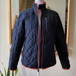 Lands' End Navy Quilted Jacket with Orange Trim